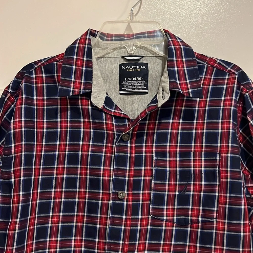 Nautica Plaid Long Sleeve Button Up Top Red, White and Blue Sz L 14/16 - Picture 2 of 7